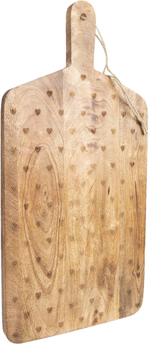 Clayre & Eef Decoratie Snijplank 25*50*2 Cm Bruin Hout Hartjes Borrelplank Tapasplank Serveerplank Bruin Borrelplank