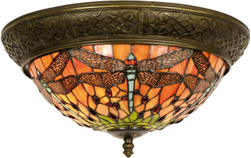 Clayre & Eef Plafondlamp Tiffany Libelle Compleet 19 X ø 38 Cm - Bruin, Rood, Brons - Ijzer, Glas