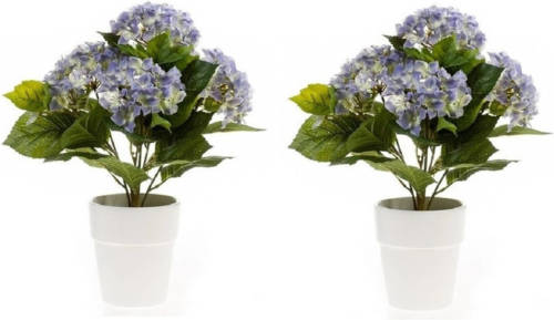 Shoppartners 2x Kunstplant Hortensia Blauw In Pot 37 Cm - Kamerplant Blauwe Hortensia