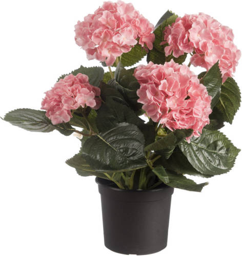 Shoppartners Roze Hortensia Hydrangea Kunstplant In Zwarte Kunststof Pot 44 Cm - Kunstplanten