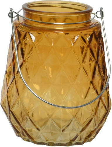 Decoris Theelichthouders/waxinelichthouders Ruitjes Glas Cognac/oranje Met Metalen Handvat 11 X 13 Cm - Waxinelichtjeshouders