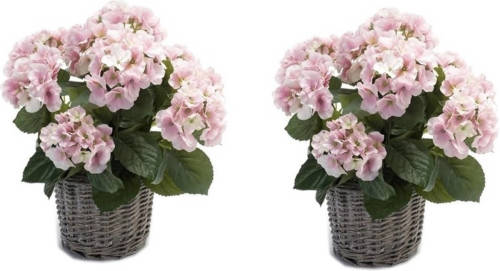 Shoppartners 2x Kunstplanten Hortensia Roze In Mand 45 Cm - Kunstplanten