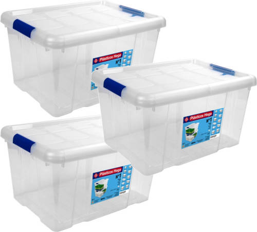 Hega Hogar 3x Opbergboxen/opbergdozen Met Deksel 16 Liter Kunststof Transparant/blauw - 39 X 29,5 X 21,5 Cm - Opbergbakken