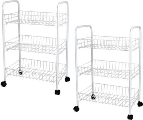 Shoppartners Set Van 2x Stuks Witte Keuken Trolleys Met Manden 40 X 26 X 62 Cm - Opberg Trolley