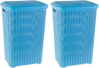 Forte Plastics 2x Stuks Grote Rotan Wasmand Met Deksel Van 60 Liter In Het Lichtblauw - Wasmanden