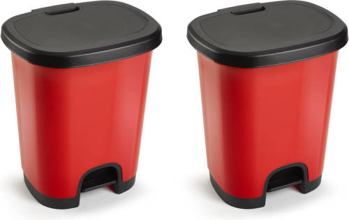 Forte Plastics Set Van 2x Stuks Kunststof Afvalemmers/vuilnisemmers Rood/zwart Van 27 Liter Met Pedaal - Prullenbakken