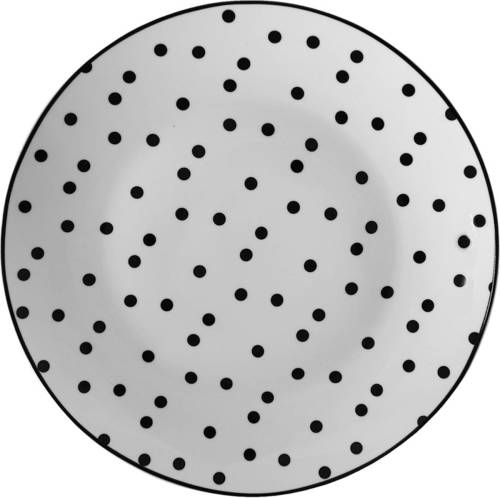 Clayre & Eef Servies Ontbijtbord Ø 20*2 Cm Wit, Zwart Porselein Rond Bolletjes Eetbord Gebaksbordje Wit Eetbord
