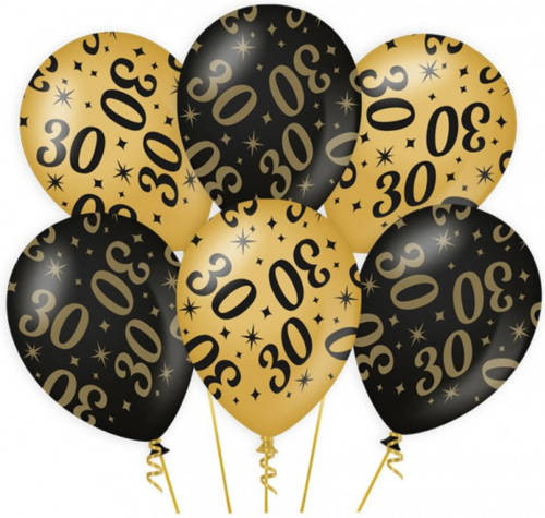 Shoppartners 6x Stuks Leeftijd Verjaardag Feest Ballonnen 30 Jaar Geworden Zwart/goud 30 Cm - Ballonnen