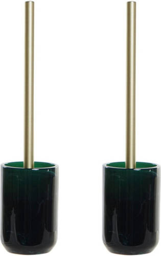 Shoppartners Set Van 2x Stuks Toiletborstel Groen Met Marmer Look Houder Van Polyresin 37 Cm - Toiletborstels