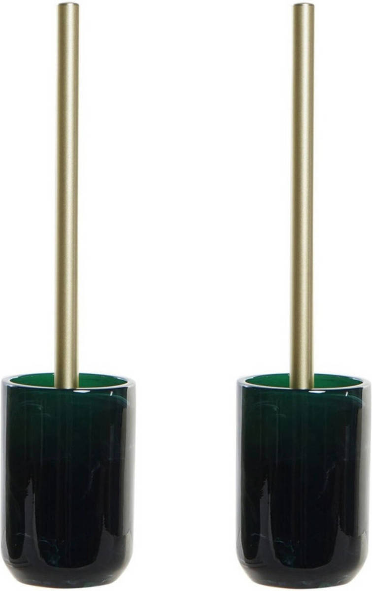 Shoppartners Set Van 2x Stuks Toiletborstel Groen Met Marmer Look Houder Van Polyresin 37 Cm - Toiletborstels