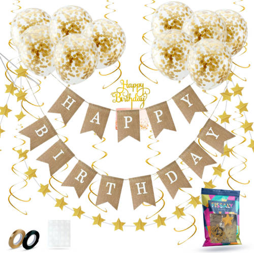 Fissaly ® Verjaardag Jute Slinger Met Papieren Gouden Confetti Ballonnen - Decoratie - Happy Birthday - Letterslinger