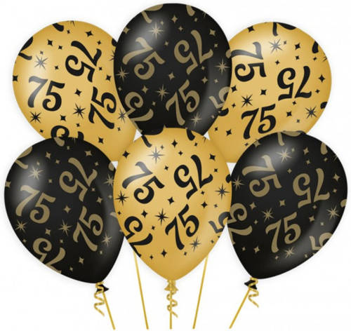 Shoppartners 6x Stuks Leeftijd Verjaardag Feest Ballonnen 75 Jaar Geworden Zwart/goud 30 Cm - Ballonnen