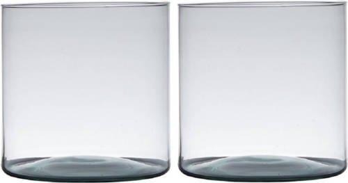 Bellatio Design Set Van 2x Stuks Transparante Home-basics Cylinder Vorm Vaas/vazen Van Gerecycled Glas 19 X 19 Cm - Vazen