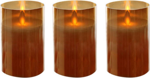 Bellatio Decorations 3x Stuks Luxe Led Kaarsen/stompkaarsen In Gouden Glas 12,5 Cm Flakkerend - Led Kaarsen
