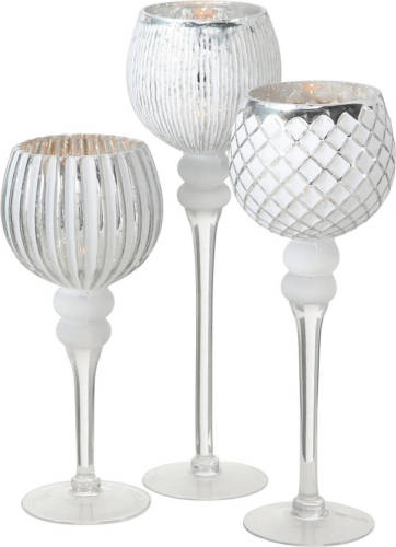 Shoppartners Luxe Glazen Design Kaarsenhouders/windlichten Set Van 3x Stuks Zilver/wit Transparant 30-40 Cm - Windlichten