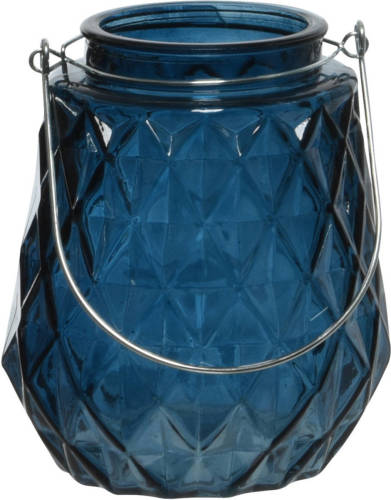 Decoris Theelichthouders/waxinelichthouders Ruitjes Glas Donkerblauw Met Metalen Handvat 11 X 13 Cm - Waxinelichtjeshouders
