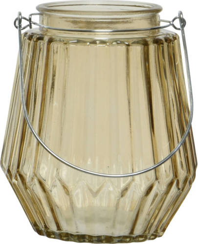Decoris Theelichthouders/waxinelichthouders Streepjes Glas Taupe Met Metalen Handvat 11 X 13 Cm - Waxinelichtjeshouders