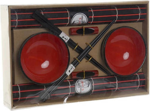 Shoppartners 8-delige Luxe Sushi Serveer Set Keramiek Voor 2 Personen Zwart/rood - Bordjes