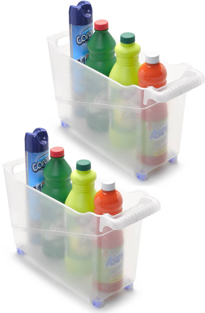 Forte Plastics Set Van 2x Stuks Kunststof Trolleys Transparant Op Wieltjes L45 X B17 X H29 Cm - Opberg Trolley
