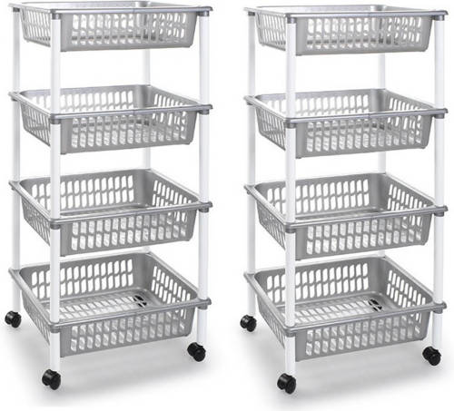 Forte Plastics 2x Stuks Zilverkleurige Opberg Trolleys/roltafels Met 4 Manden 85 Cm - Opberg Trolley