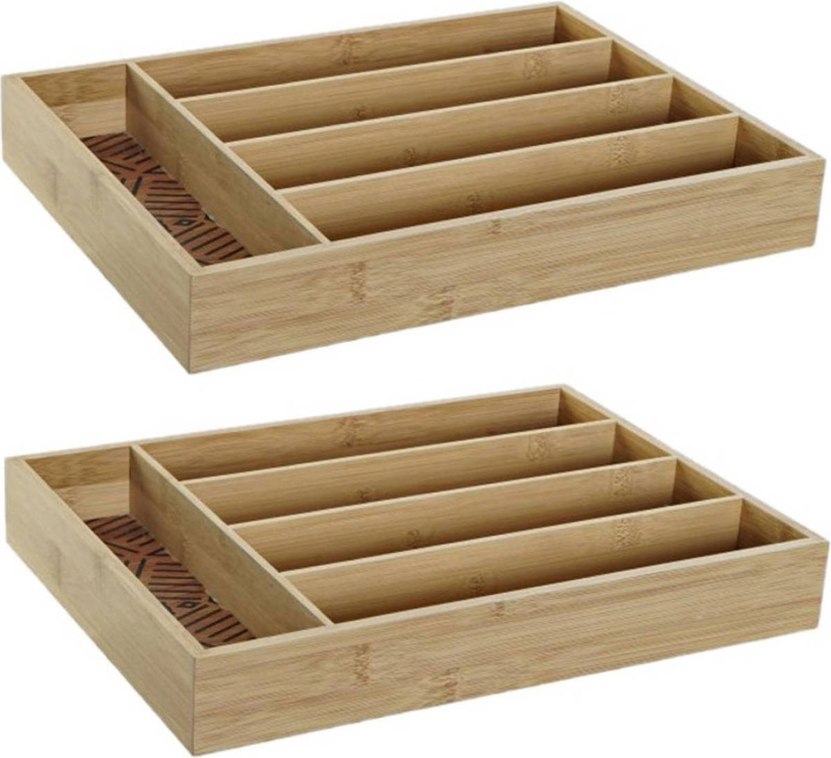 Shoppartners 2x Stuks Bamboe Houten Bestekbakken/lades Met Patroontje In De Vakjes 35.5 X 25.5 X 5 Cm - Bestekbakken