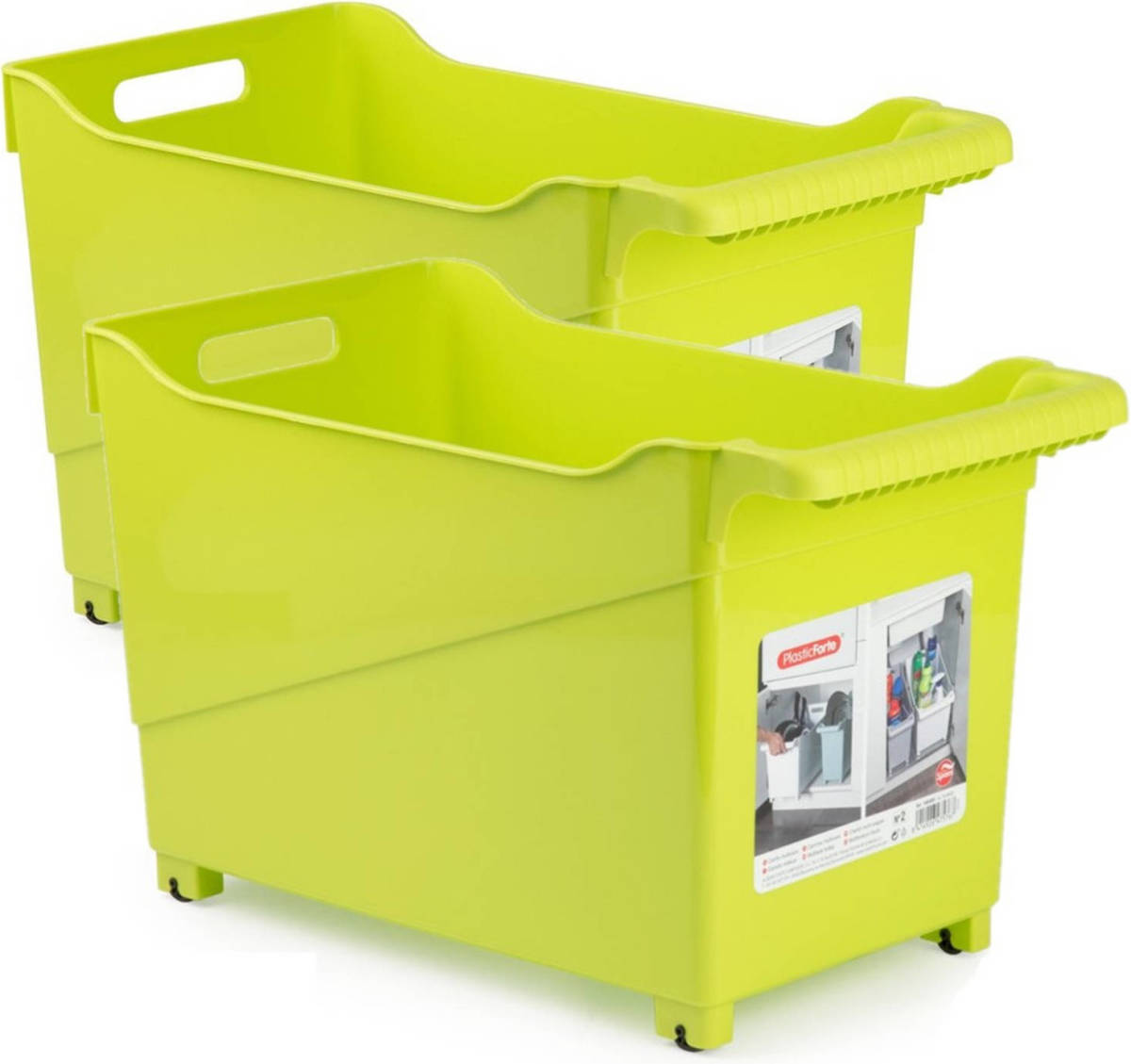 Forte Plastics Set Van 2x Stuks Kunststof Trolleys Lime Groen Op Wieltjes L45 X B24 X H27 Cm - Opberg Trolley