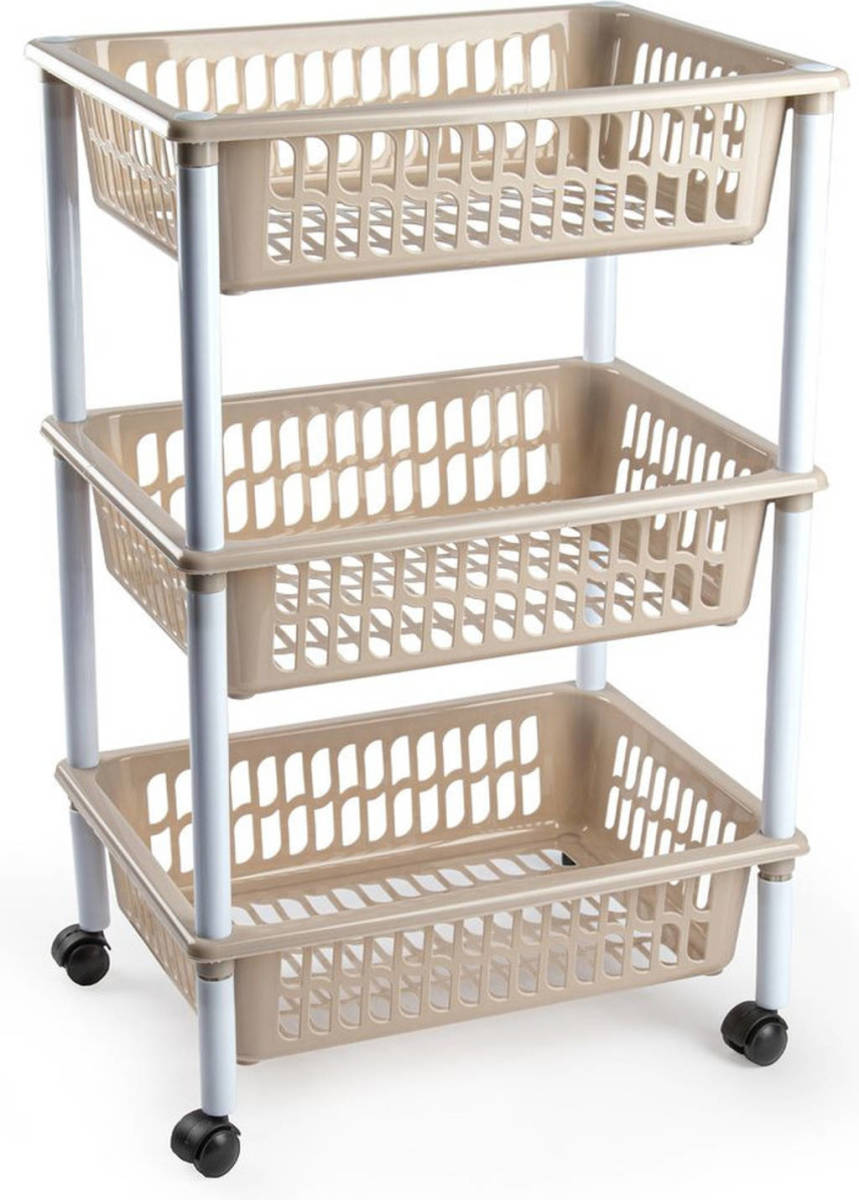 Forte Plastics Opberg Organiser Trolleys/roltafels Met 3 Manden 62 Cm In Het Taupe - Opberg Trolley