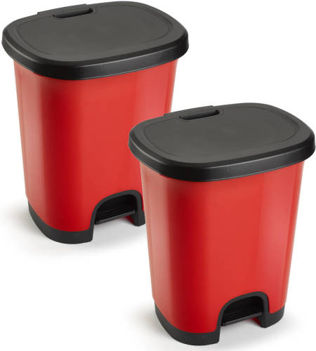Forte Plastics 2x Stuks Afvalemmer/vuilnisemmer/pedaalemmer 18 Liter In Het Rood/zwart Met Deksel En Pedaal - Pedaalemmers