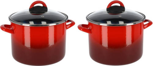 Shoppartners Set Van 2x Stuks Rvs Rode Kookpan/pan Met Glazen Deksel 20 Cm 7 Liter - Kookpannen