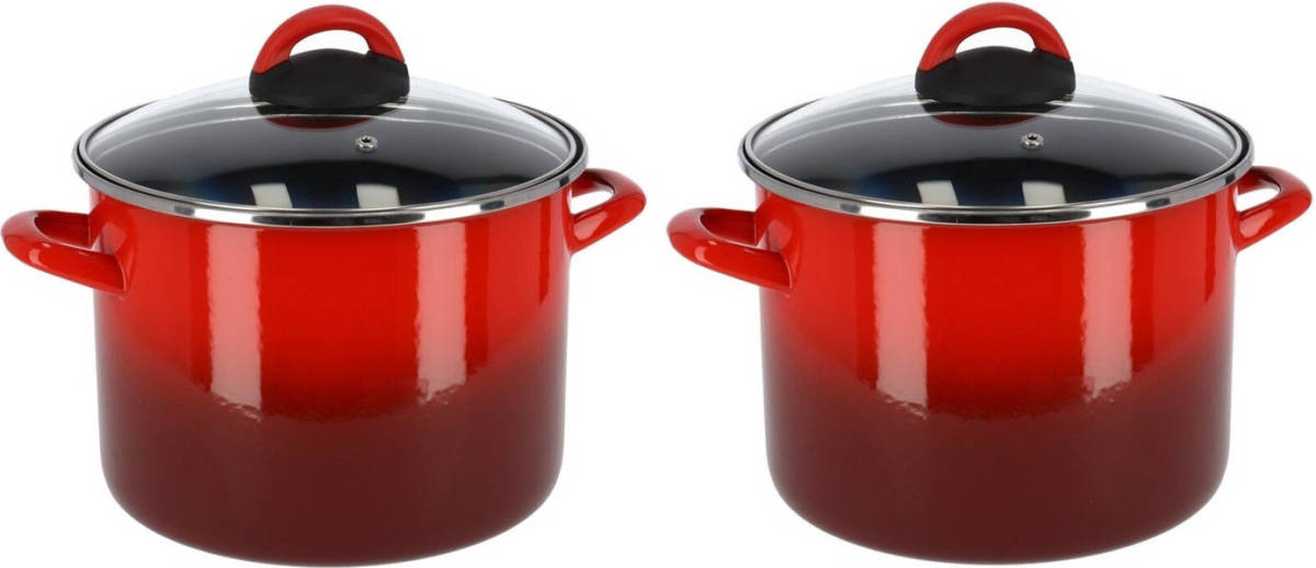 Shoppartners Set Van 2x Stuks Rvs Rode Kookpan/pan Met Glazen Deksel 20 Cm 7 Liter - Kookpannen
