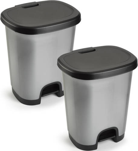 Forte Plastics 2x Stuks Afvalemmer/vuilnisemmer/pedaalemmer 18 Liter In Het Zilver/zwart Met Deksel En Pedaal - Pedaalemmers