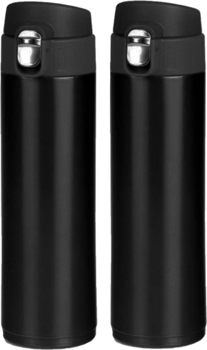 Shoppartners 2x Stuks Rvs Thermosflessen / Isoleerflessen Voor Onderweg 450 Ml Zwart - Thermosflessen