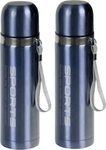 Shoppartners 2x Stuks Metallic Thermosflessen / Isoleerflessen Rvs Voor Onderweg Lichtblauw 500 Ml - Thermosflessen