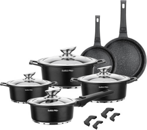 Swiss Pro+ 14-delige Pannenset Van Gegoten Aluminium Zwart