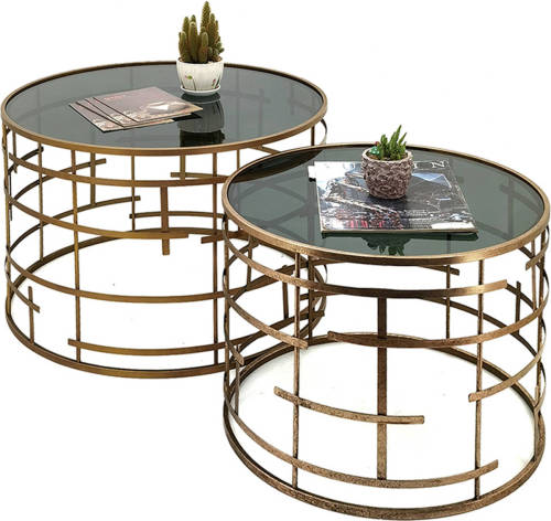 Clayre & Eef Bijzettafel Set Van 2 Ø 75 / Ø 60 Cm Goudkleurig Metaal Glas Rond Salontafel Tafeltje Sidetable