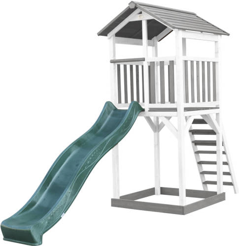 AXI Beach Tower Speeltoestel Van Hout In Grijs En Wit Speeltoren Met Zandbak, En Groene Glijbaan
