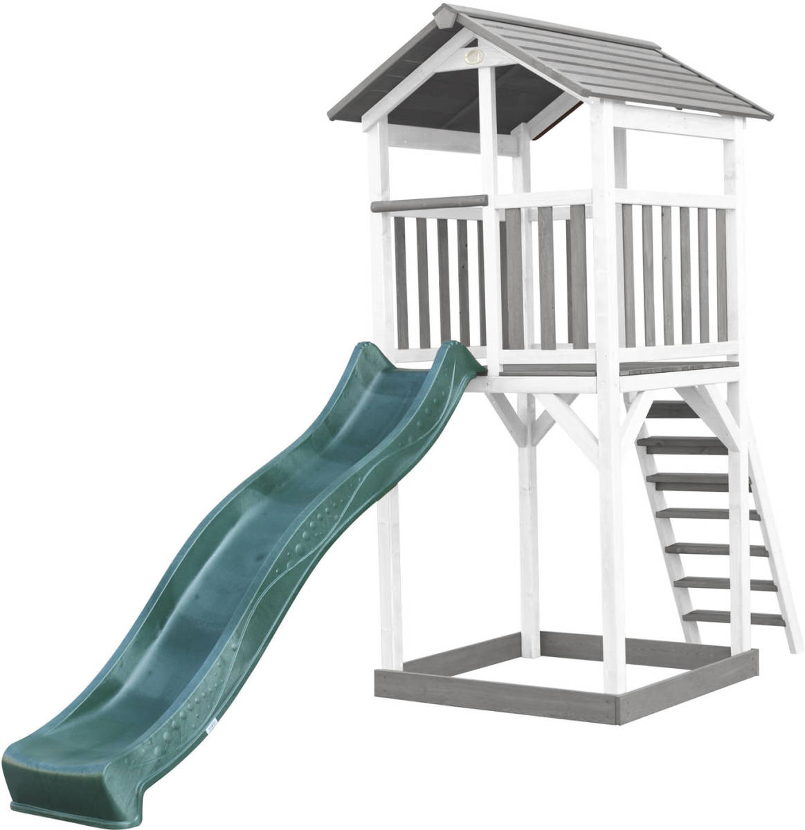 AXI Beach Tower Speeltoestel Van Hout In Grijs En Wit Speeltoren Met Zandbak, En Groene Glijbaan