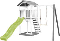 AXI Beach Tower Speeltoestel Van Hout In Grijs En Wit Speeltoren Met Zandbak, Schommel En Limoen Groene Glijbaan