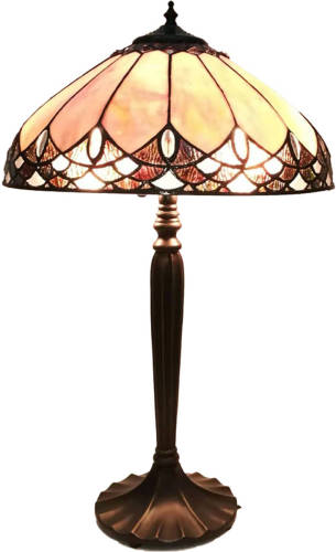 Clayre & Eef Lumilamp Tiffany Tafellamp Ø 39*63 Cm Beige Bruin Glas Kunststof Rond Tiffany Bureaulamp Tiffany Lampen Glas In Lood