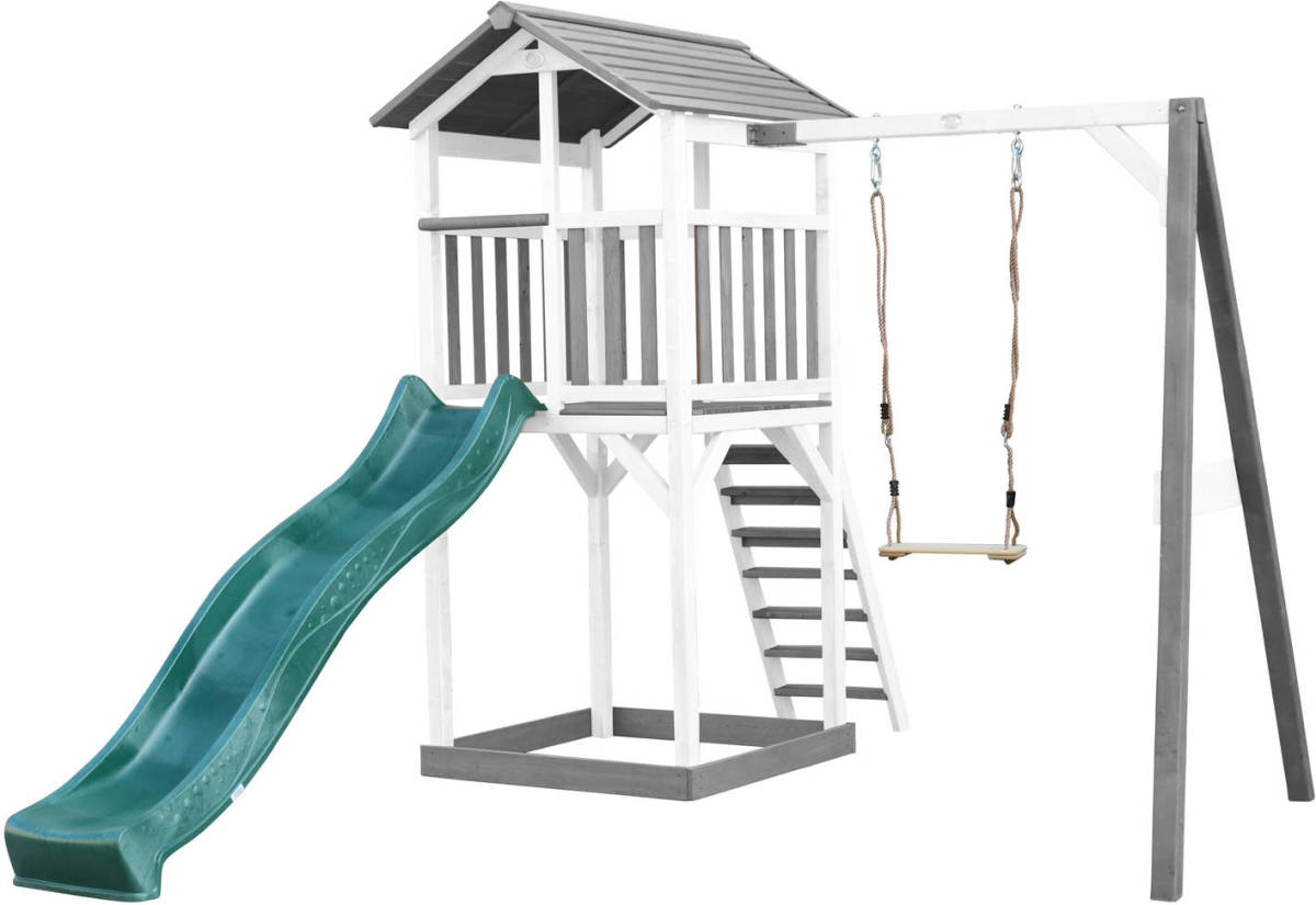 AXI Beach Tower Speeltoestel Van Hout In Grijs En Wit Speeltoren Met Zandbak, Schommel En Groene Glijbaan