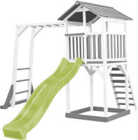 AXI Beach Tower Speeltoestel Van Hout In Grijs En Wit Speeltoren Met Zandbak, Klimrek En Limoen Groene Glijbaan