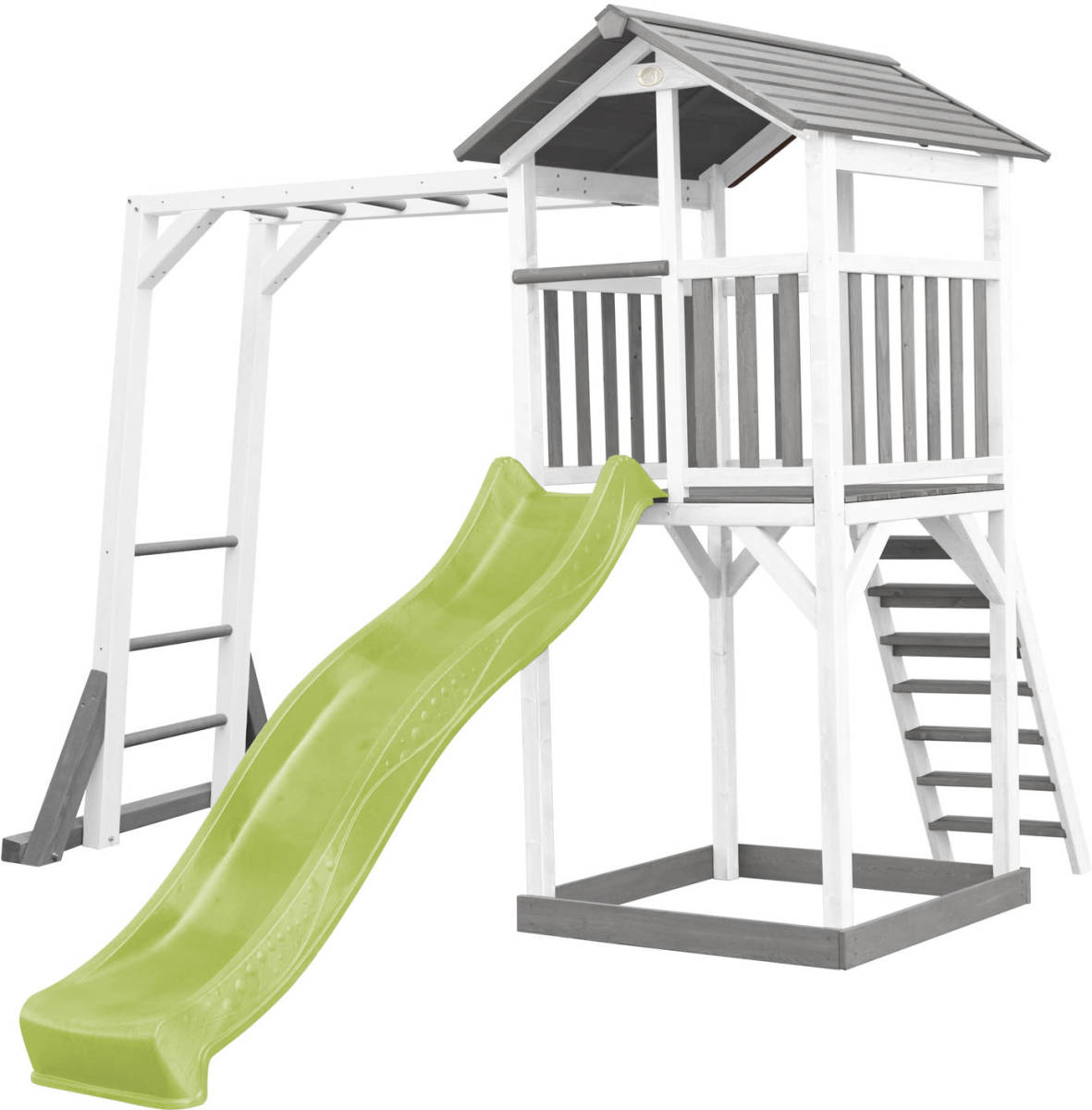 AXI Beach Tower Speeltoestel Van Hout In Grijs En Wit Speeltoren Met Zandbak, Klimrek En Limoen Groene Glijbaan