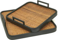 Clayre & Eef Decoratief Dienblad Set V 2 40*40*7 / 33*33*7 Cm Bruin Hout, Ijzer Serveerschaal Bruin Serveerschaal