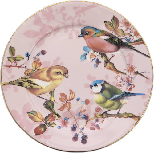 Clayre & Eef Servies Ontbijtbord Ø 21*2 Cm Roze Porselein Vogels Eetbord Gebaksbordje Roze Eetbord Gebaksbordje