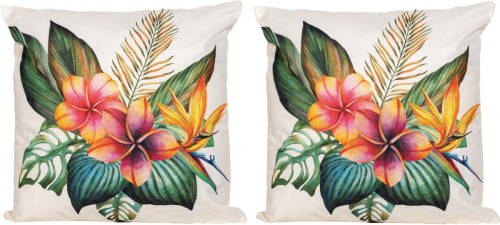 Anna's Collection 2x Bank/sier Kussens Met Tropische Bloemen Print Voor Binnen En Buiten 45 X 45 Cm - Sierkussens