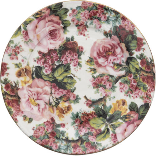 Clayre & Eef Servies Ontbijtbord Ø 21*2 Cm Roze Porselein Bloemen Eetbord Gebaksbordje Roze Eetbord Gebaksbordje