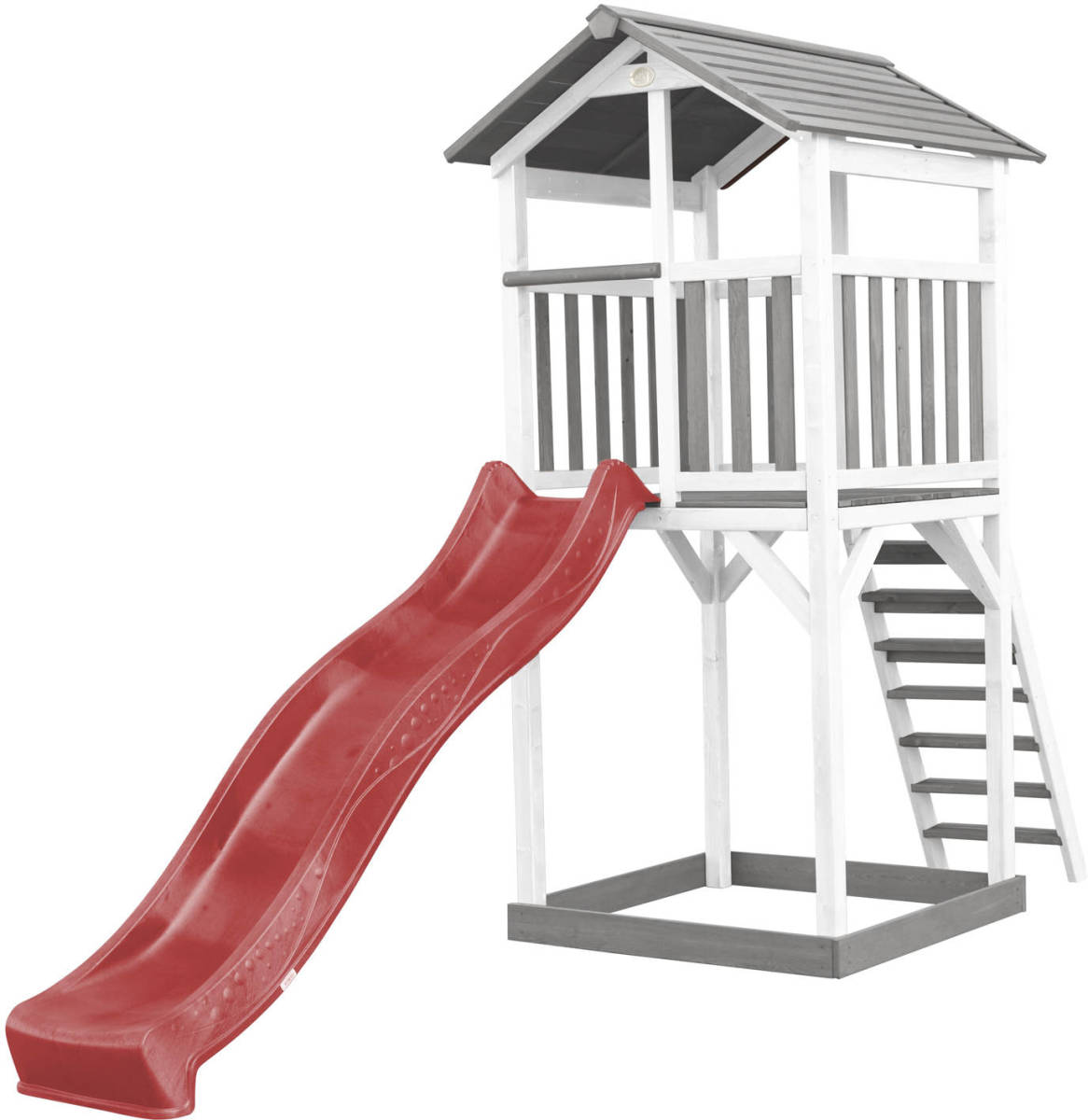 AXI Beach Tower Speeltoestel Van Hout In Grijs En Wit Speeltoren Met Zandbak, En Rode Glijbaan