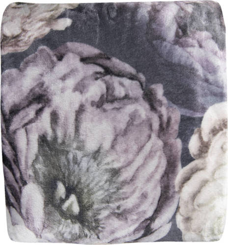 Clayre & Eef Plaid 130*180 Cm Zwart, Geel, Paars Polyester Rechthoek Bloemen Deken Kleed Dekentje Zwart Deken Kleed