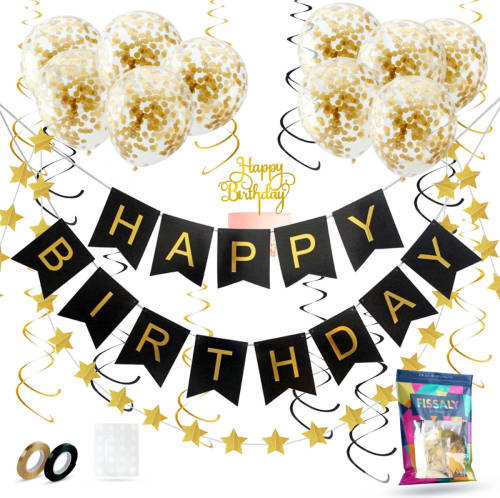 Fissaly ® Verjaardag Slinger Zwart & Goud Met Papieren Confetti Ballonnen - Decoratie - Happy Birthday