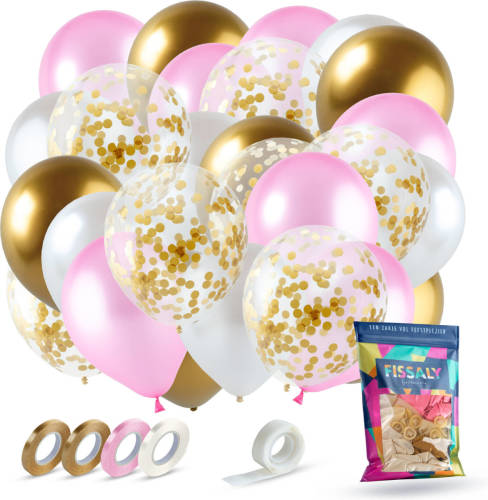 Fissaly ® 40 Stuks Goud, Creme Wit, Roze & Papieren Confetti Goud Latex Ballonnen Met Accessoires - Helium - Decoratie